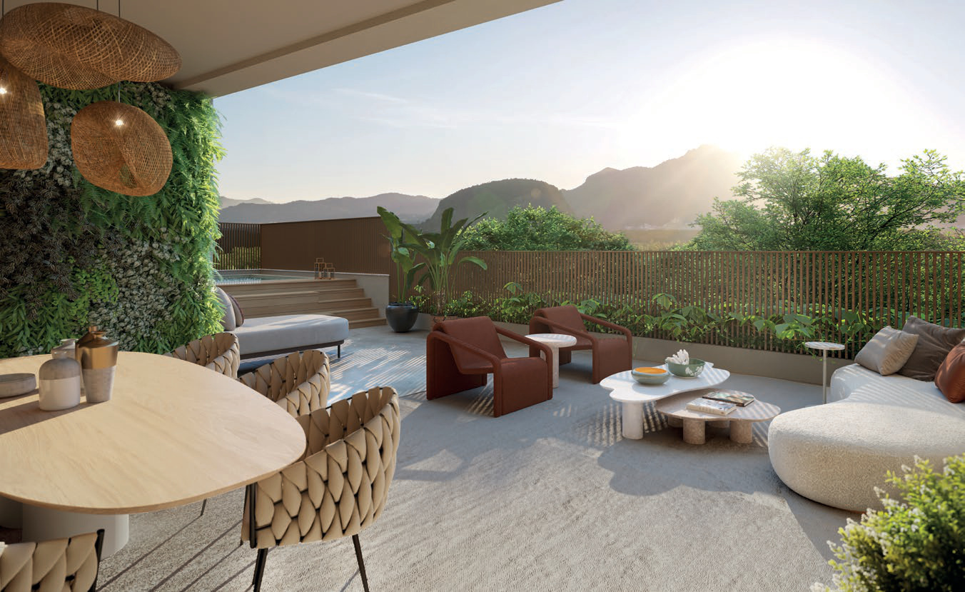Terraço com lounge e vista para as montanhas