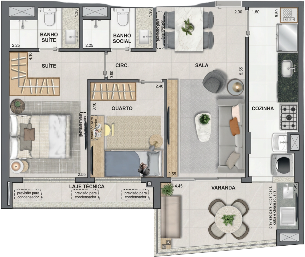 Planta da tipologia de 2 quartos do Endless Península